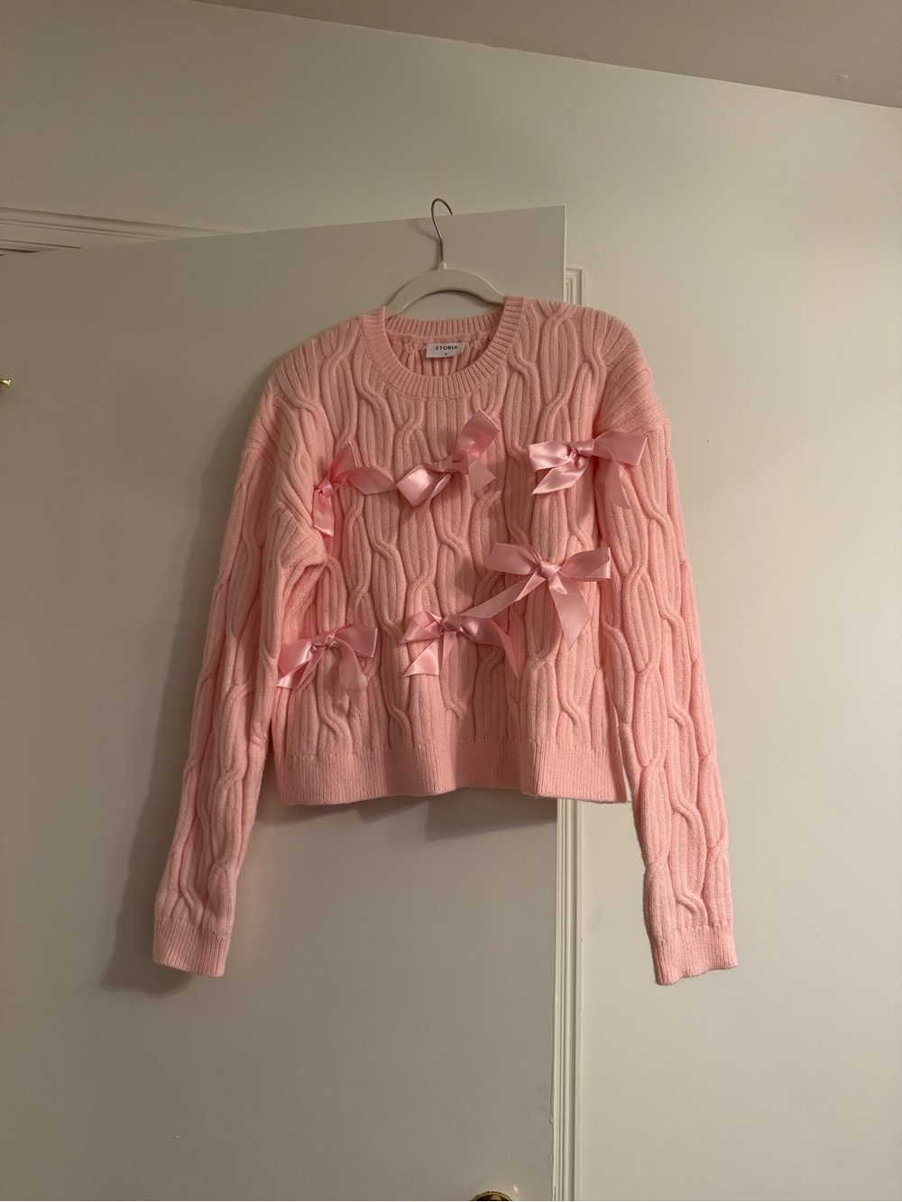 Storia Pink Cable Knit Crewneck Sweater with Satin Bows